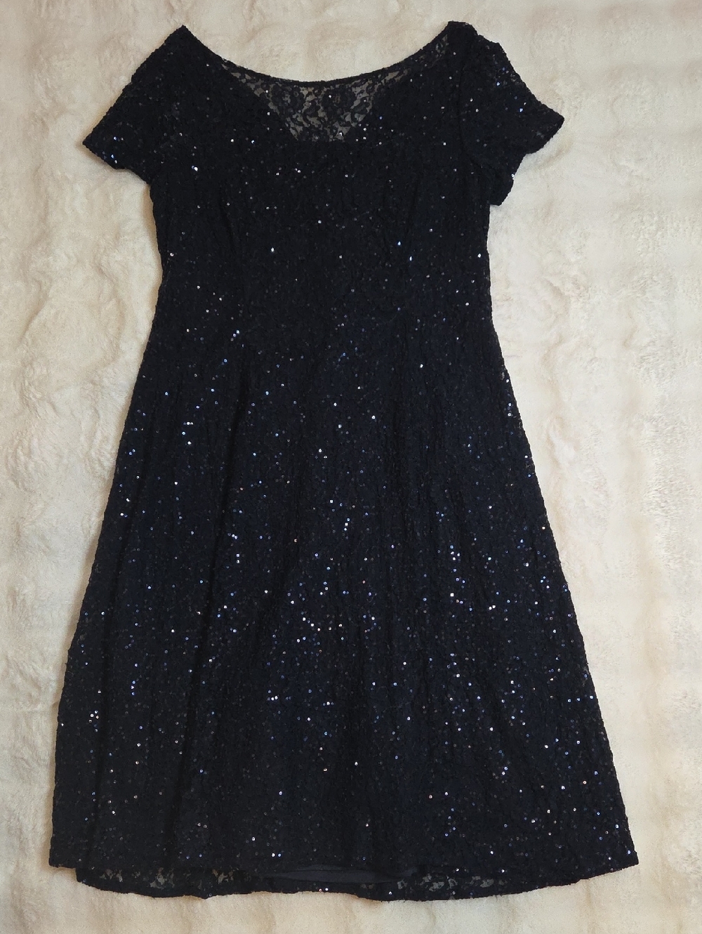 Women's Navy Sequin Lace Overlay Fit & Flare Dress